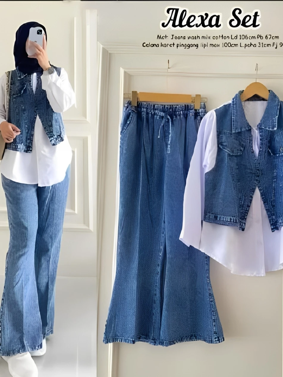 Alexa Set Baju Kemeja Set Celana Cutbray Wanita Set - Premium Quality Jeans Outfit Remaja Kekinian